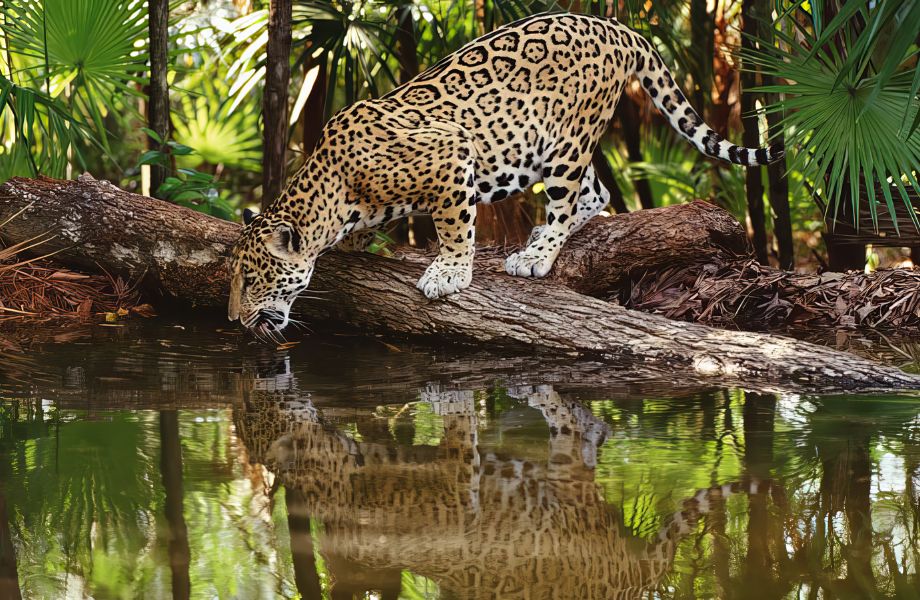 A jaguar quenching its thirst at a natural pool nestled in the heart of a lush tropical rainforest.