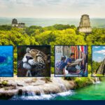 Collage featuring diverse experiences in Guatemala and Belize: tropical fruits in a market, a man standing atop Acatenango Volcano watching Fuego Volcano eruptions, panoramic view of Tikal ruins, and the underwater Blue Hole in Belize