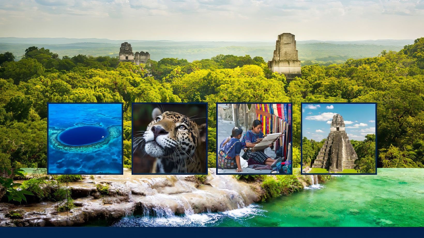 Collage featuring diverse experiences in Guatemala and Belize: tropical fruits in a market, a man standing atop Acatenango Volcano watching Fuego Volcano eruptions, panoramic view of Tikal ruins, and the underwater Blue Hole in Belize