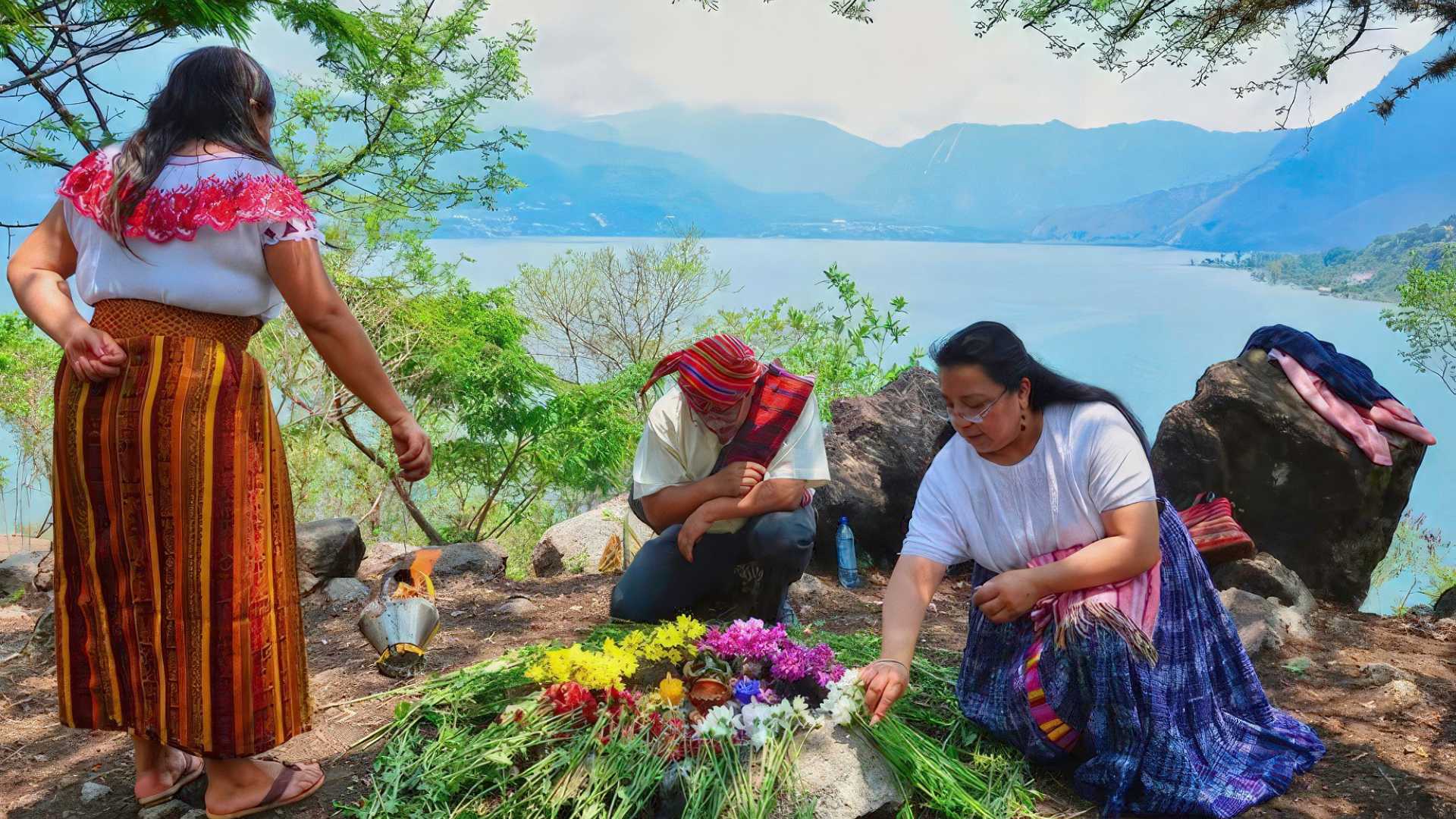 A shaman and two Mayan ladies conducting a sacred Fire Ceremony by the serene shores of Lake Atitlan, honoring ancient traditions and rituals.