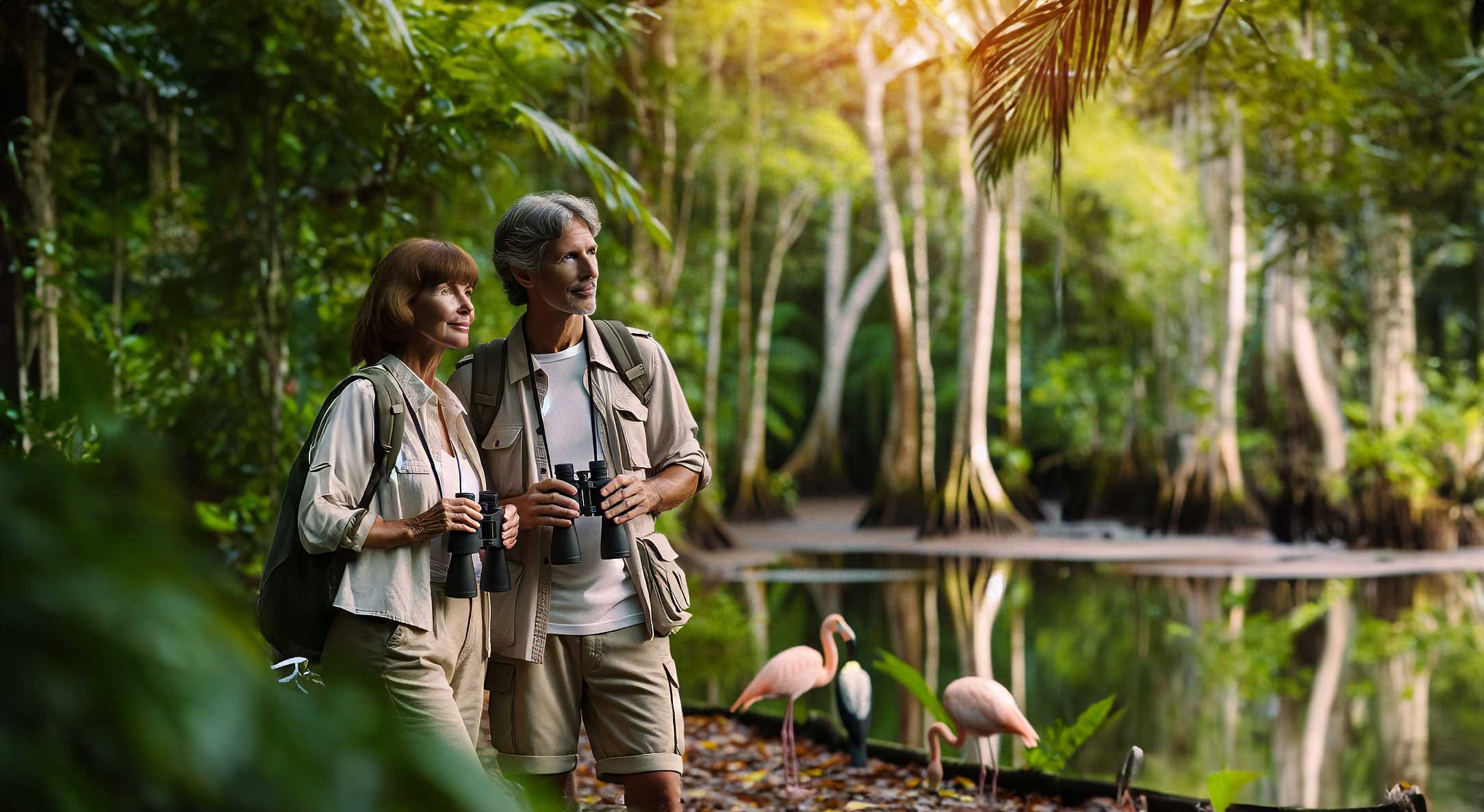 A couple within the tropical forest during a wellness and birdwatching immersion.