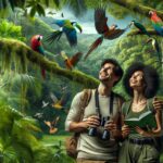 A happy couple during a Birdwatching immersion in a tropical destination.