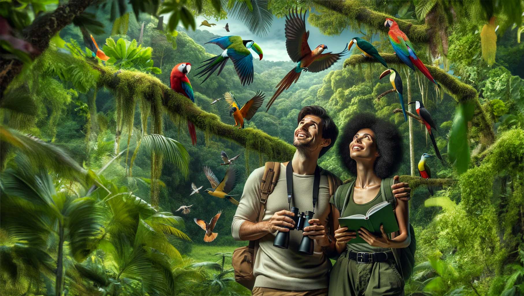 A happy couple during a Birdwatching immersion in a tropical destination.