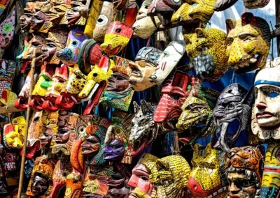 Picture of wooden masks in the native market of Chichicastenango.