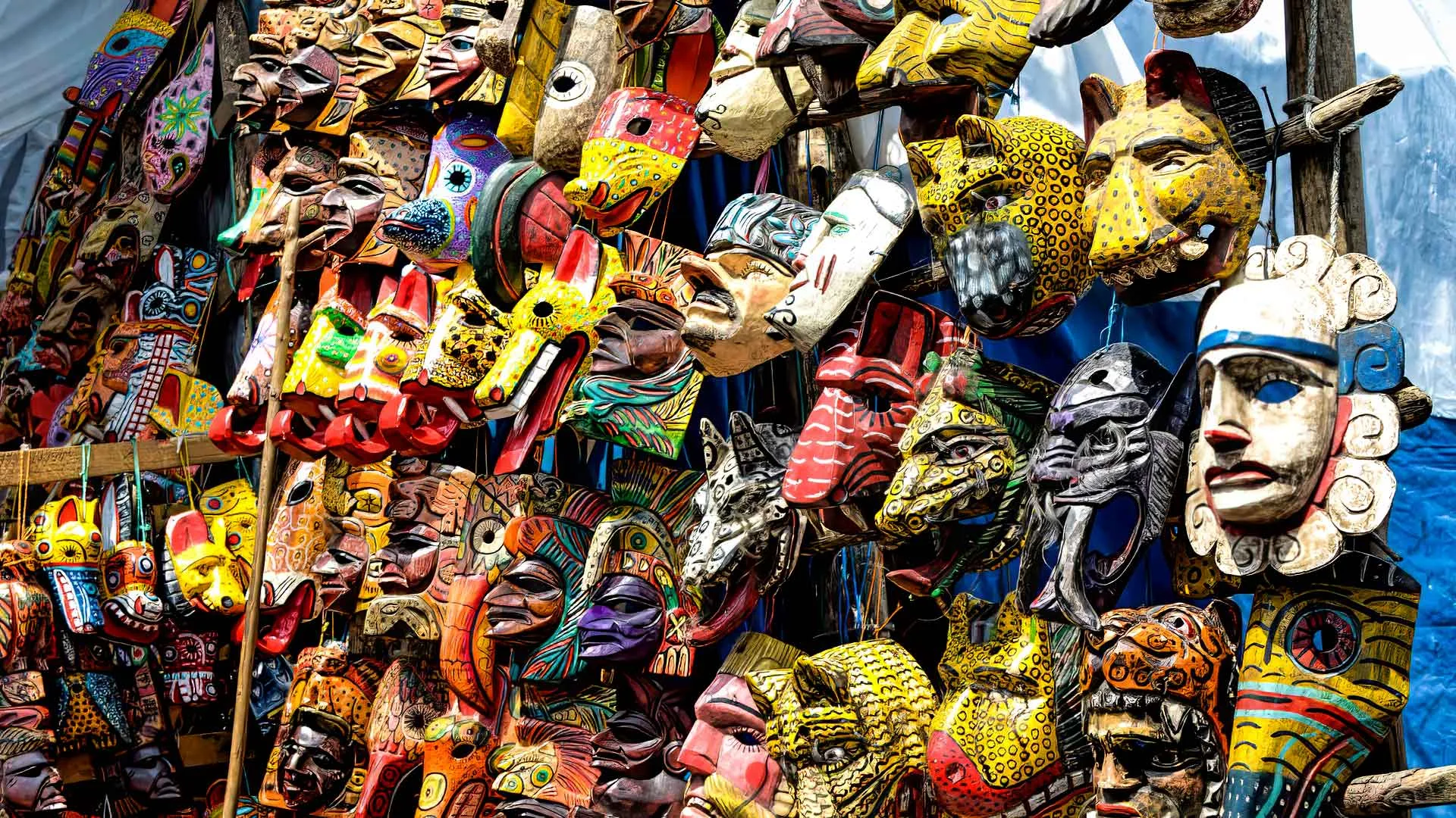 Picture of wooden masks in the native market of Chichicastenango.