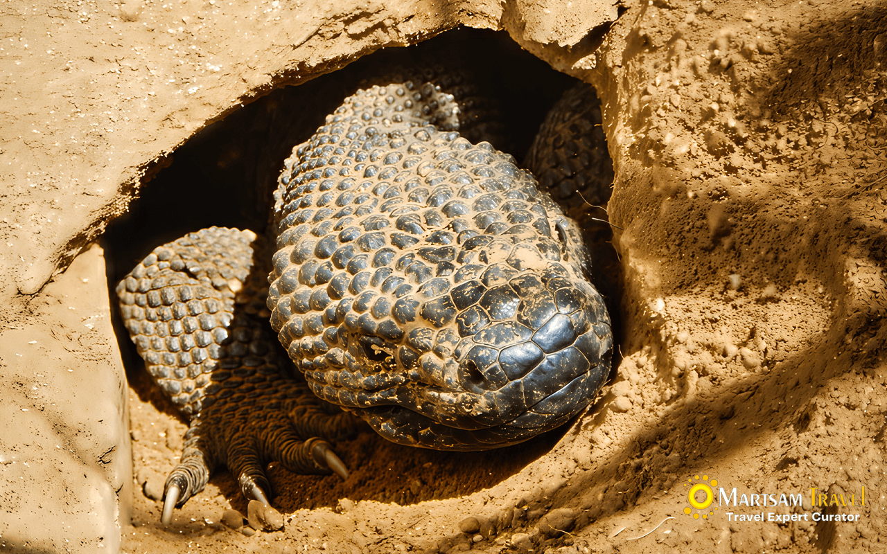 Head of a Guatemalan beaded lizard (Heloderma charlesbogerti) emerging from its burrow in the Heloderma Reserve, Motagua Valley, Guatemala.