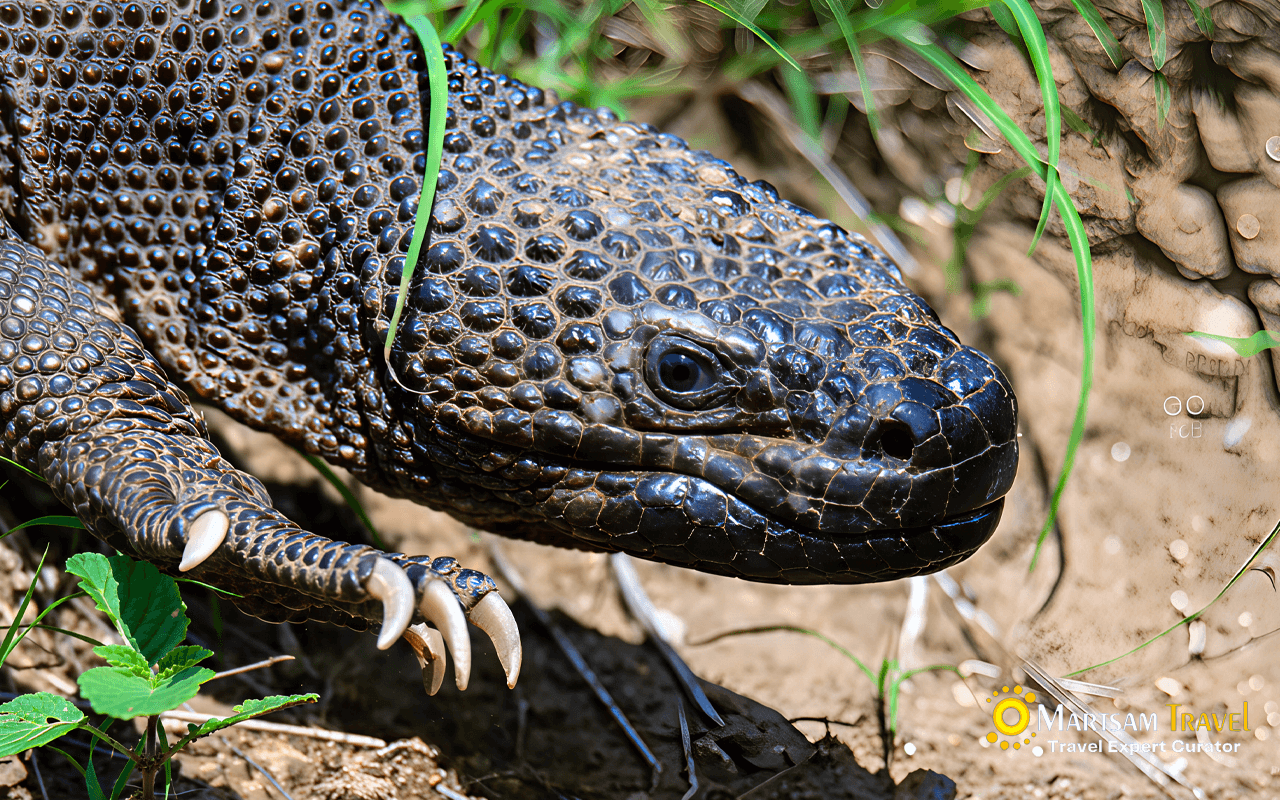 Close-up of the head of a Guatemalan beaded lizard (Heloderma charlesbogerti) showing its textured black scales, yellow markings, and bead-like osteoderms.