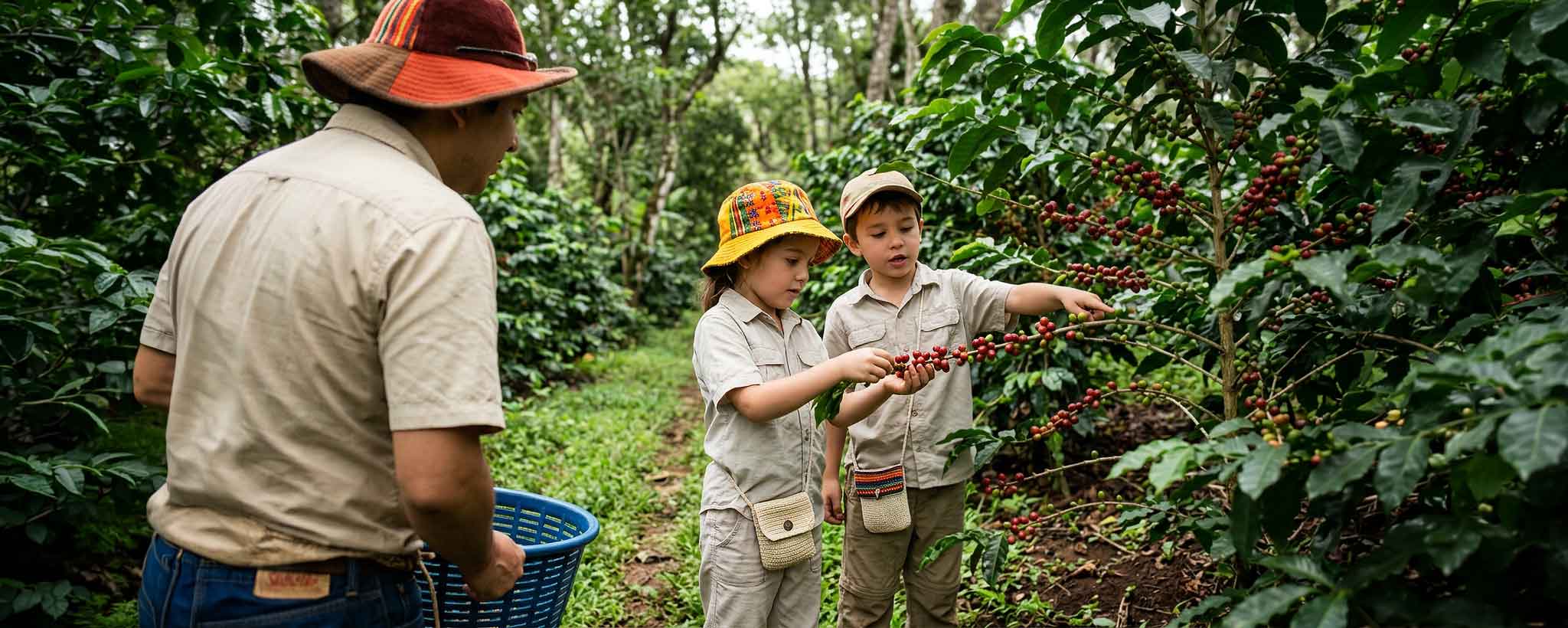Family-Friendly Coffee Tours Guatemala: Two children in beige work shirts pick ripe red coffee cherries from a branch while an adult farmer watches in a lush coffee plantation setting.