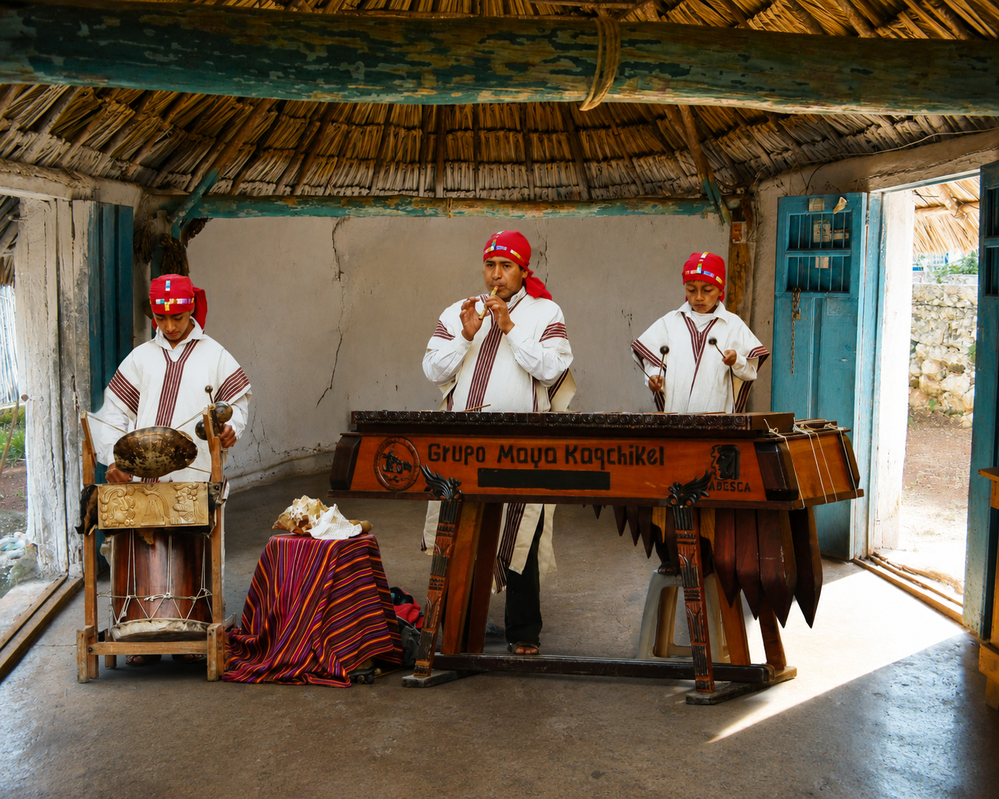 Maya musicians playing marimba inside a traditional highland home during a cultural gathering, experienced through private cultural tours Guatemala
