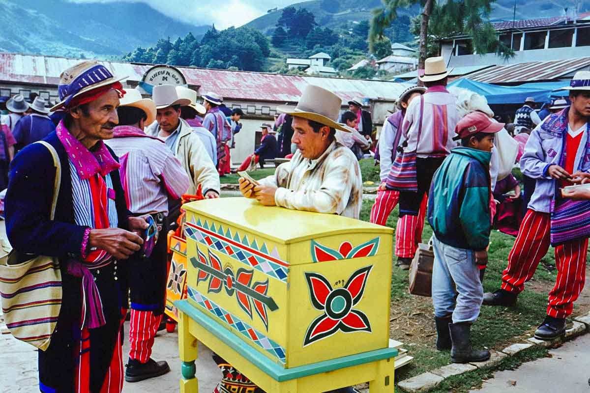 Local Maya community gathered in the central plaza of Todos Santos Cuchumatán during market day, experienced through private cultural tours Guatemala travelers seek for authentic connection