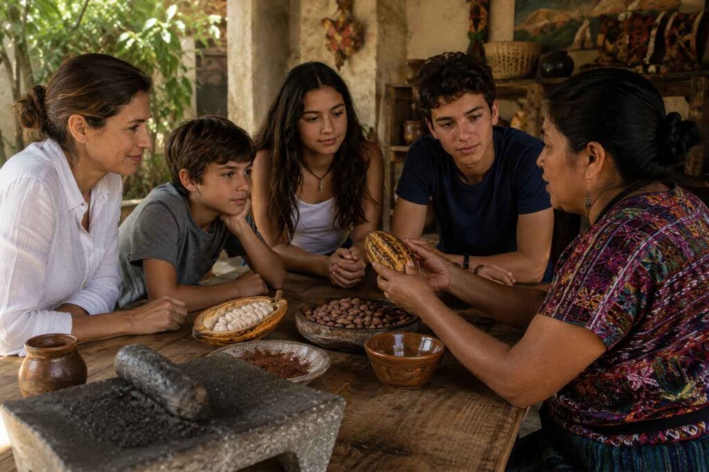 Chocolate-family-workshop- | martsam travel Family enjoying a hands-on chocolate workshop during a family-friendly private tour in Guatemala.