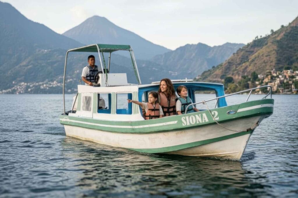 Lake-atitlan-family-tour | martsam travel Mother with two children enjoying a boat tour on Lake Atitlán during a family-friendly private tour in Guatemala.