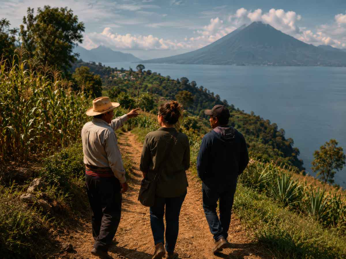 Maya community members and a traveler walking above Lake Atitlán, sharing stories and perspectives on Maya culture Guatemala