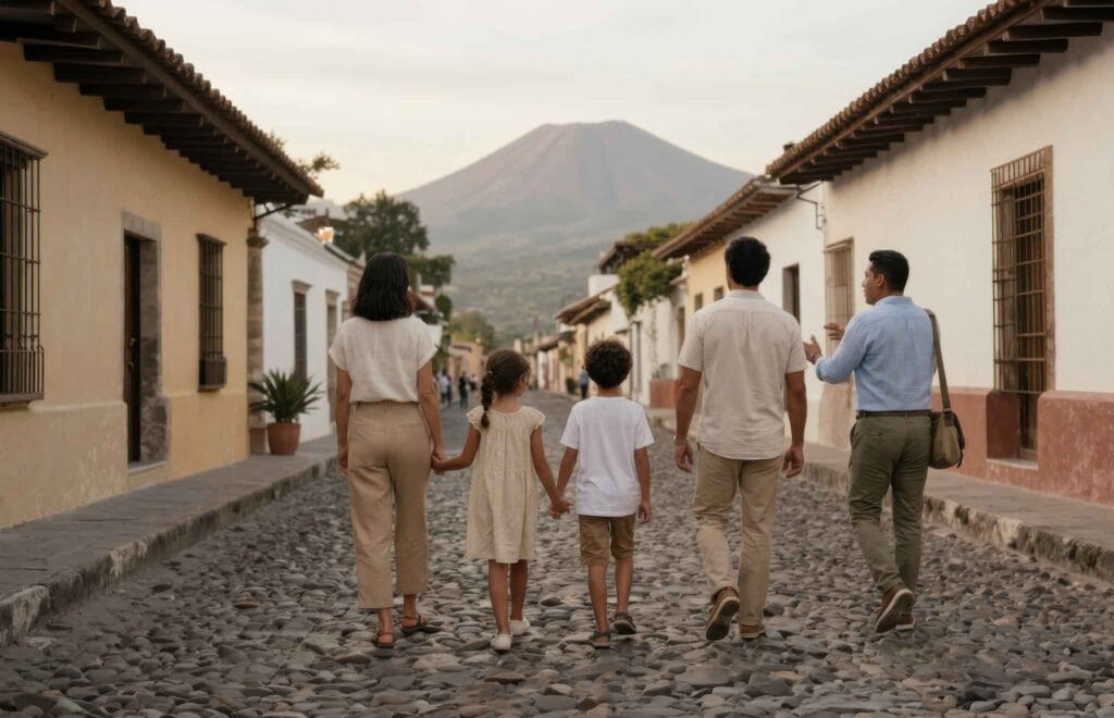 Private-family-friendly-walking-tour-antigua-guatemala | martsam travel Family walking together through the cobblestone streets of Antigua Guatemala during a family-friendly private tour.