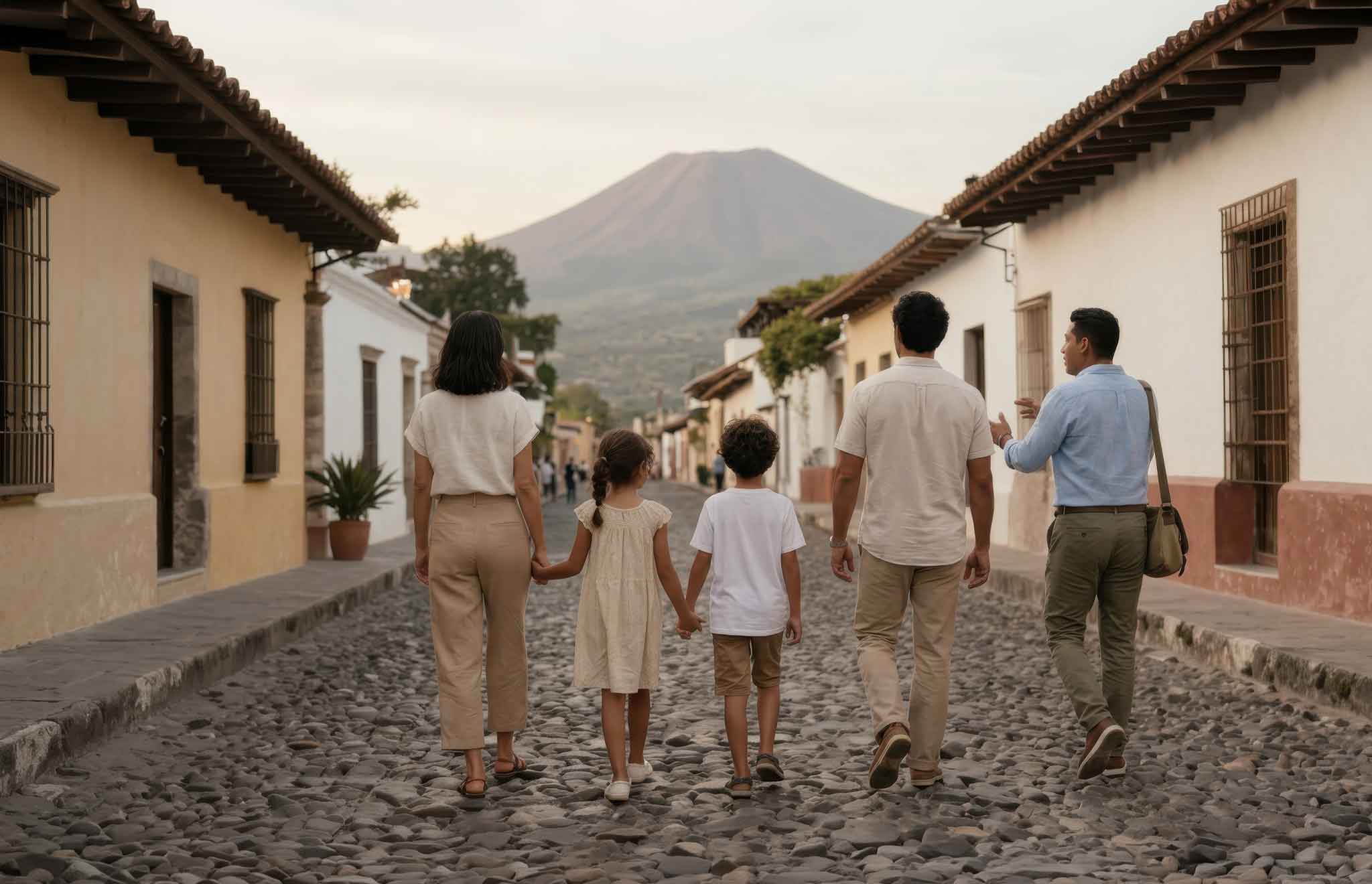 Family walking down a cobblestone street between pastel buildings toward a distant volcano on a sunny day, holding hands.