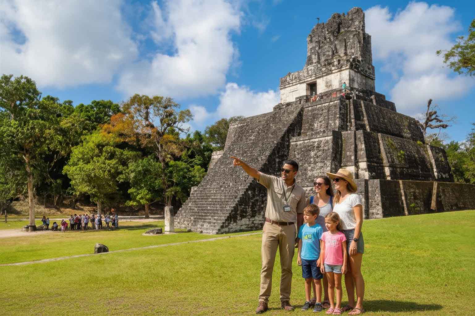 Tour guide in tan uniform points toward a large ancient stepped pyramid as a family of four stands on a grassy plaza, during a family tour in Tikal, Guatemala