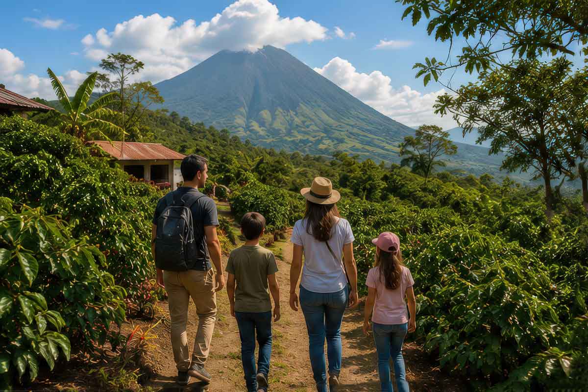 Family exploring a coffee plantation during a family friendly coffee tour in Guatemala with volcano views in the background.