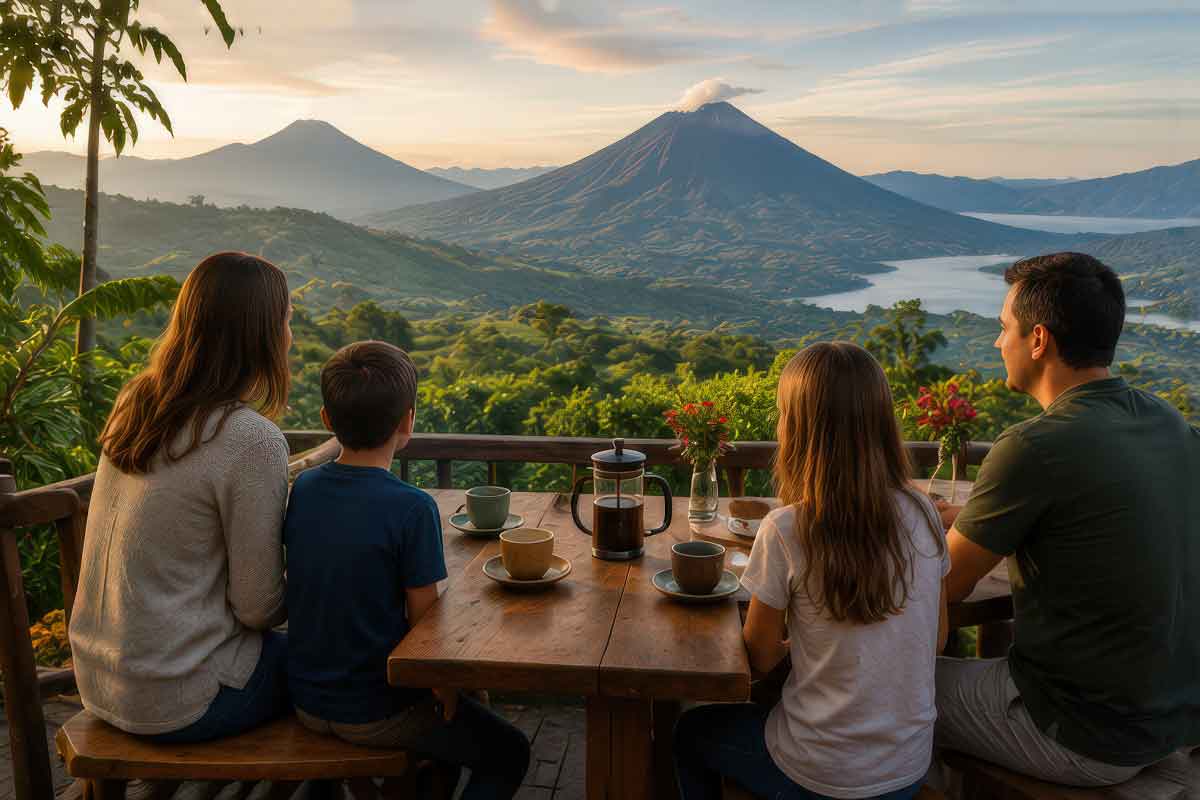 Family enjoying a scenic coffee tasting experience on a family friendly coffee tour in Guatemala overlooking volcanoes.