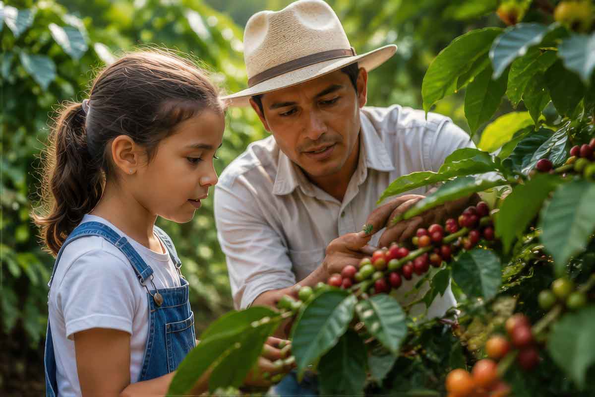 Family walking through a Guatemalan coffee plantation on a kid-friendly coffee farm tour.