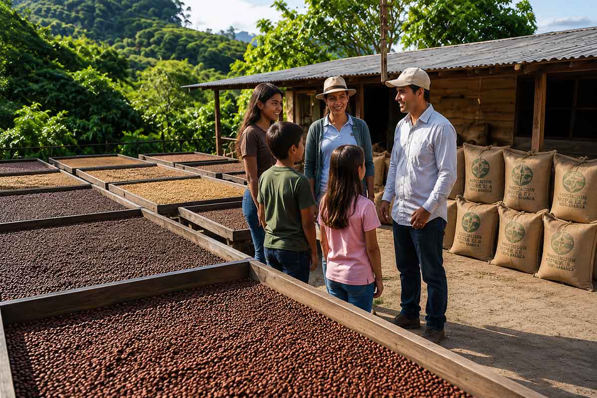 Family discovering the coffee drying process during a family friendly coffee tour in Guatemala at a local farm.