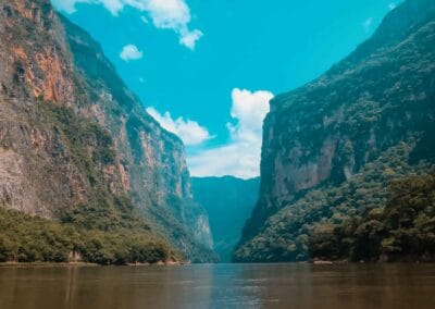 Narrow river runs between towering, rocky canyon walls covered in greenery, under a bright blue sky with a few white clouds.