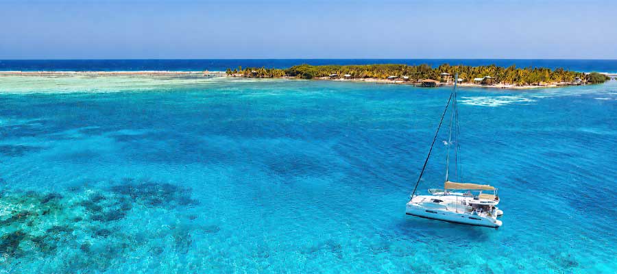 Catamaran in turquoise Caribbean waters beside a palm-covered island in Belize.