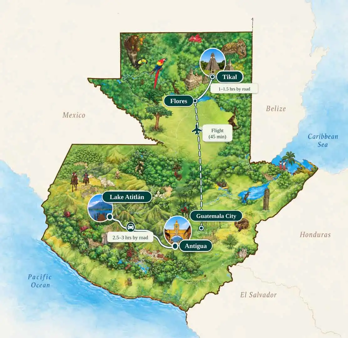 Guatemala tailor-made tours map showing Antigua, Lake Atitlán, Guatemala City, Flores and Tikal travel connections