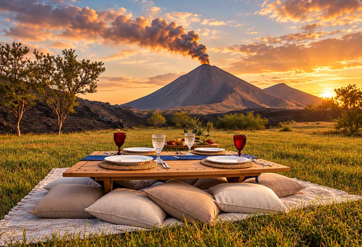 Luxury picnic with views of Fuego Volcano in Guatemala