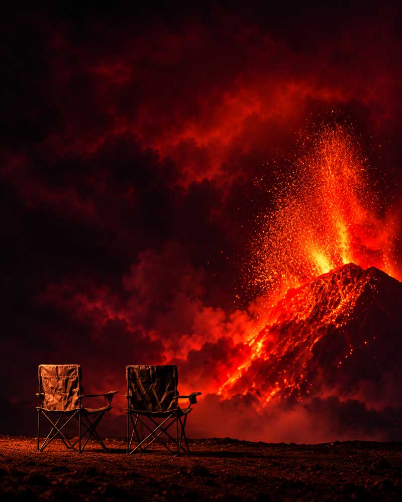 Guatemala-volcano-experience | martsam travel Guatemala tour packages with a night volcano experience and camp chairs overlooking the smoking volcano.